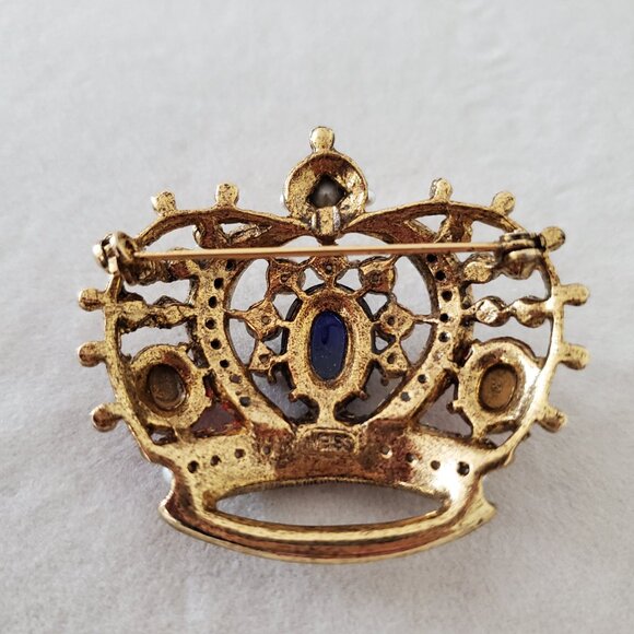 Vintage WEISS Signed Royal Crown Brooch Pearls Cabachon Aurora Borealis Goldtone - Picture 7 of 7